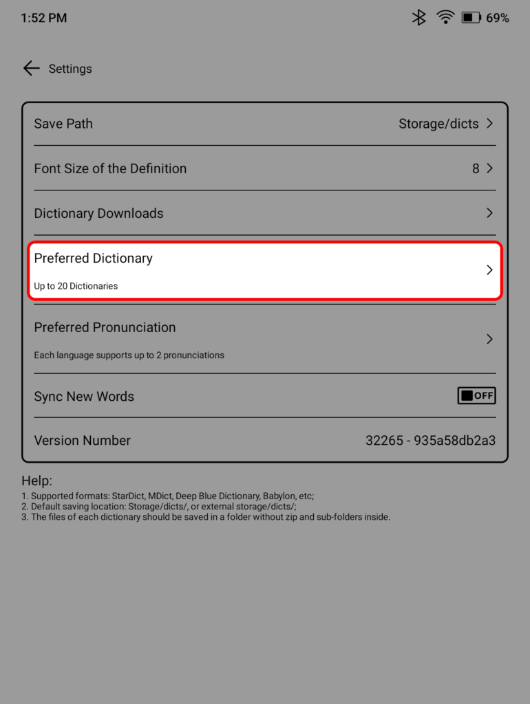 Boox Go 7 Dictionary app Settings highlighting the Preferred Dictionary option