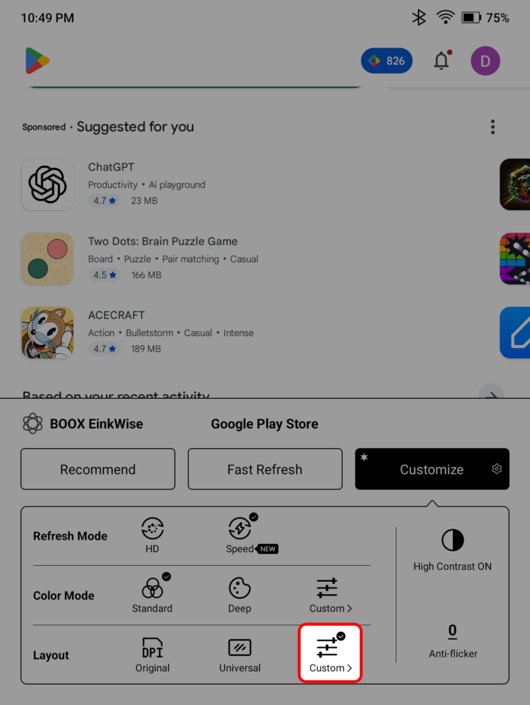 Boox Go 7 EinkWise highlighting the Customize Layout option