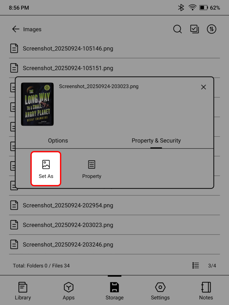 Boox Go 7 Images folder showing long-press modal window