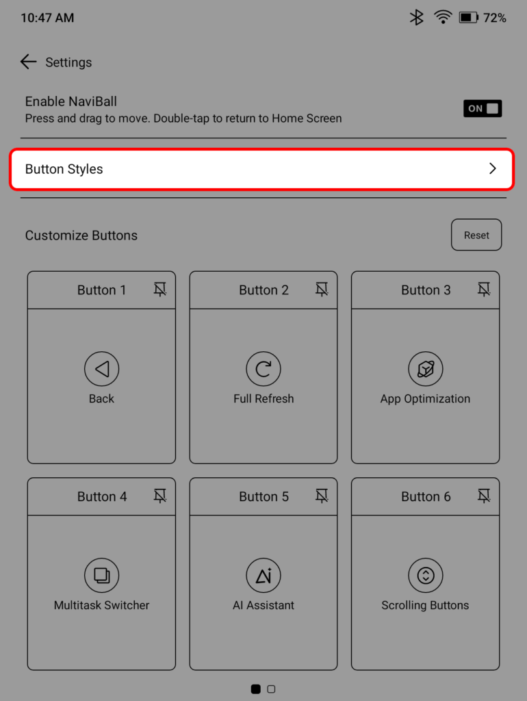 Boox Go 7 NaviBall Settings menu highlighting the Button Styles option