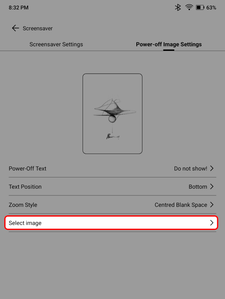 Boox Go 7 Screensaver Power-off settings menu highlighting the Select Image option