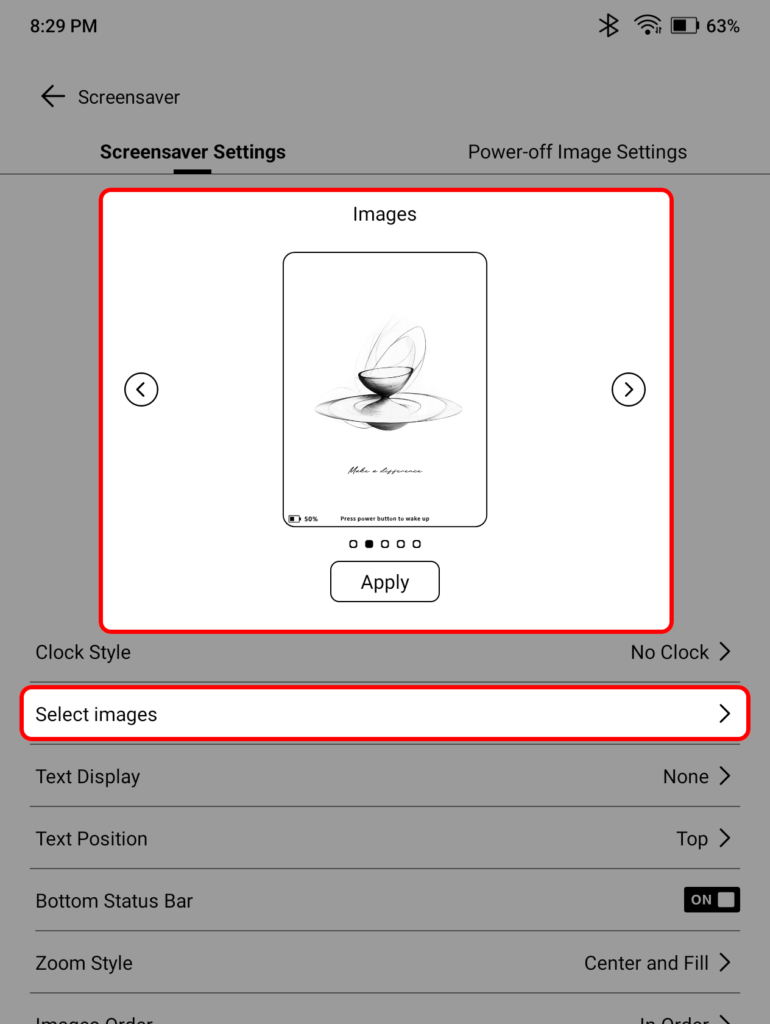 Boox Go 7 Screensaver settings menu highlighting the Select Images options