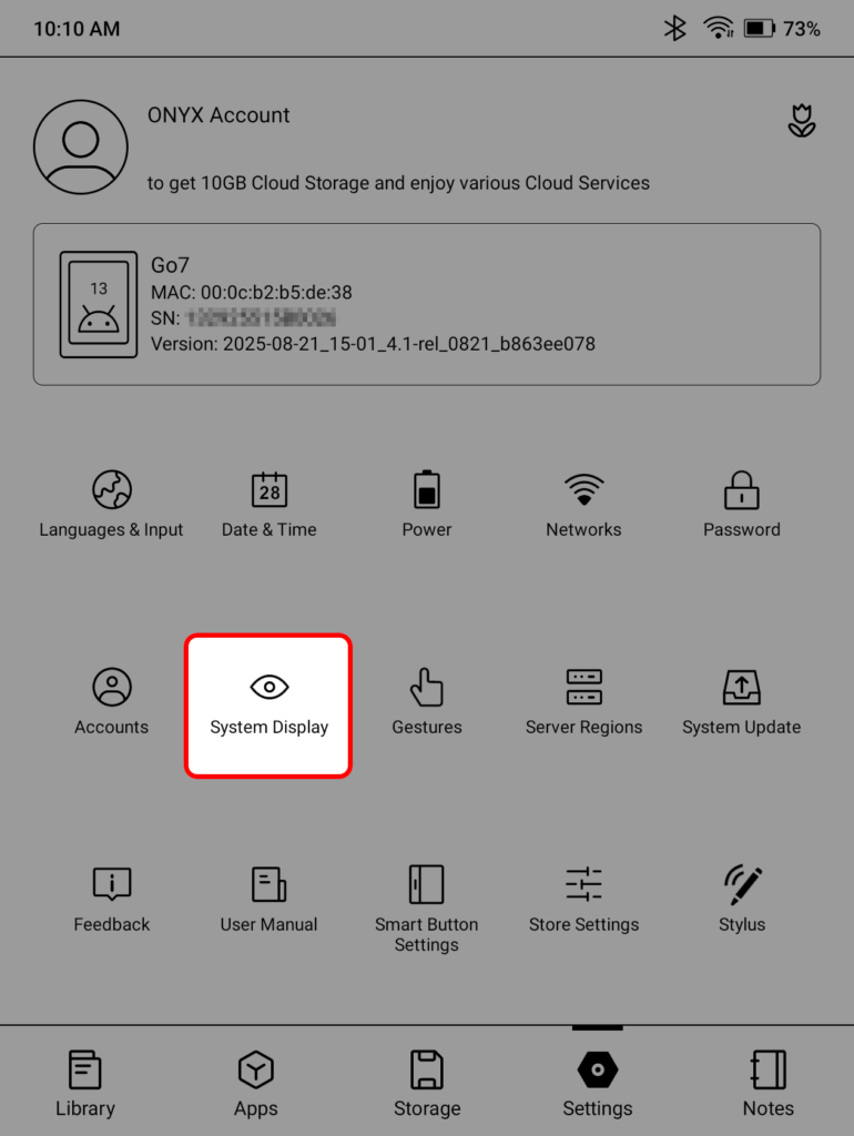 Boox Go 7 Settings tab highlighting the System Display option