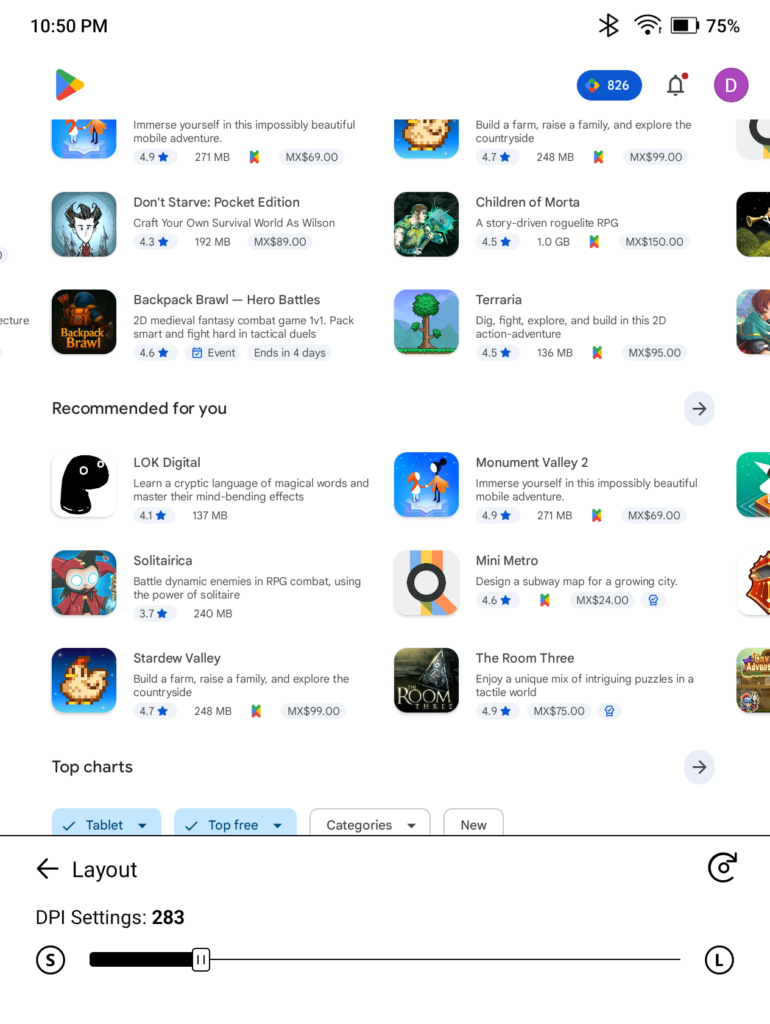 Boox Go 7 Google Play Store with low DPI