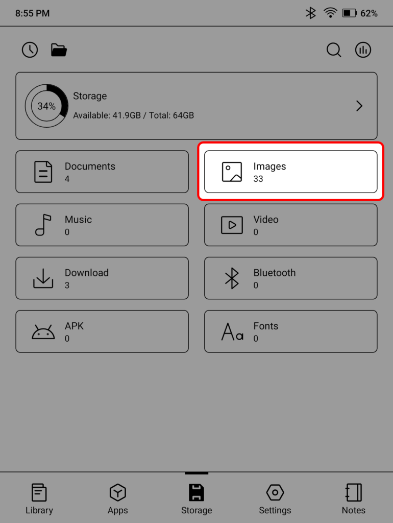 Boox Go 7 Storage tab highlighting the Images folder