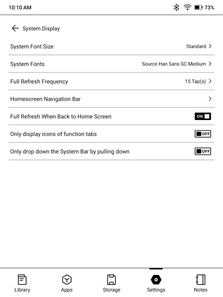Boox Go 7 System Display menu