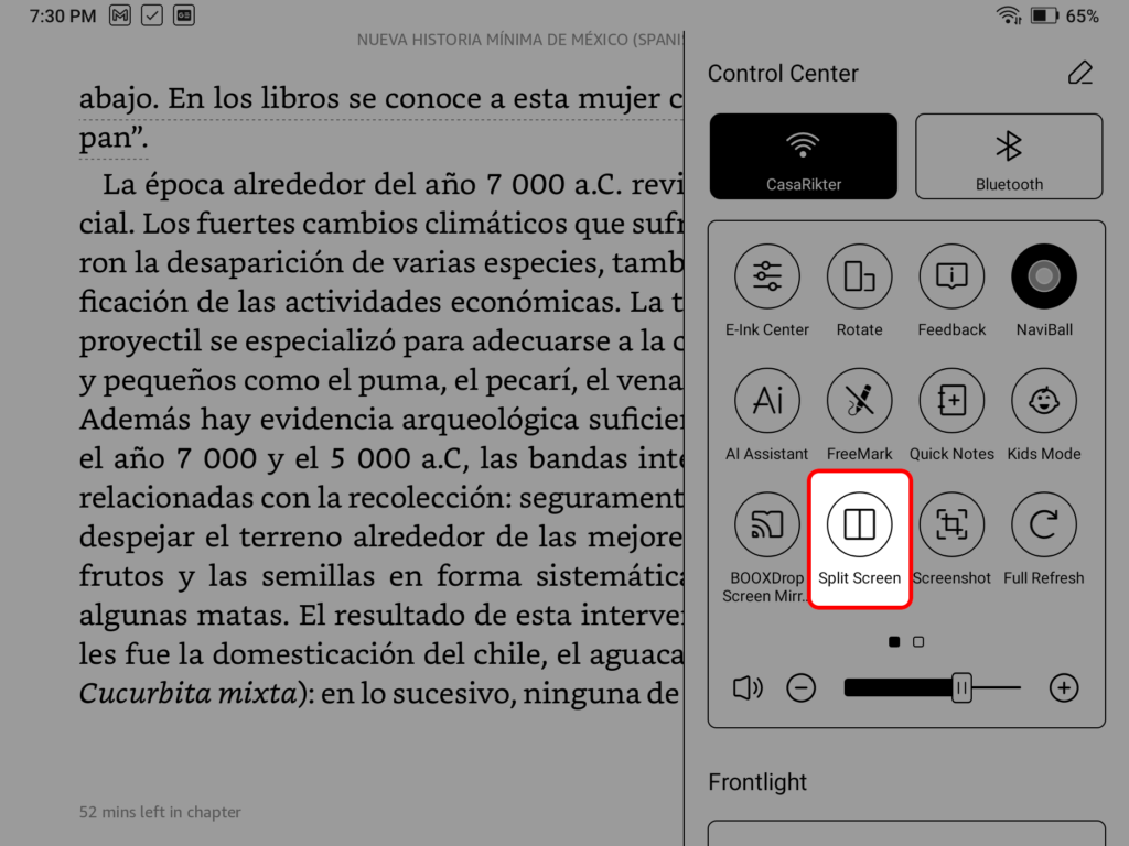 Boox Nova Air C Control Center highlighting the Split Screen option