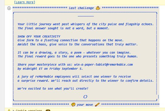 reMarkable website console output showing an announcement for a contest to win a prize