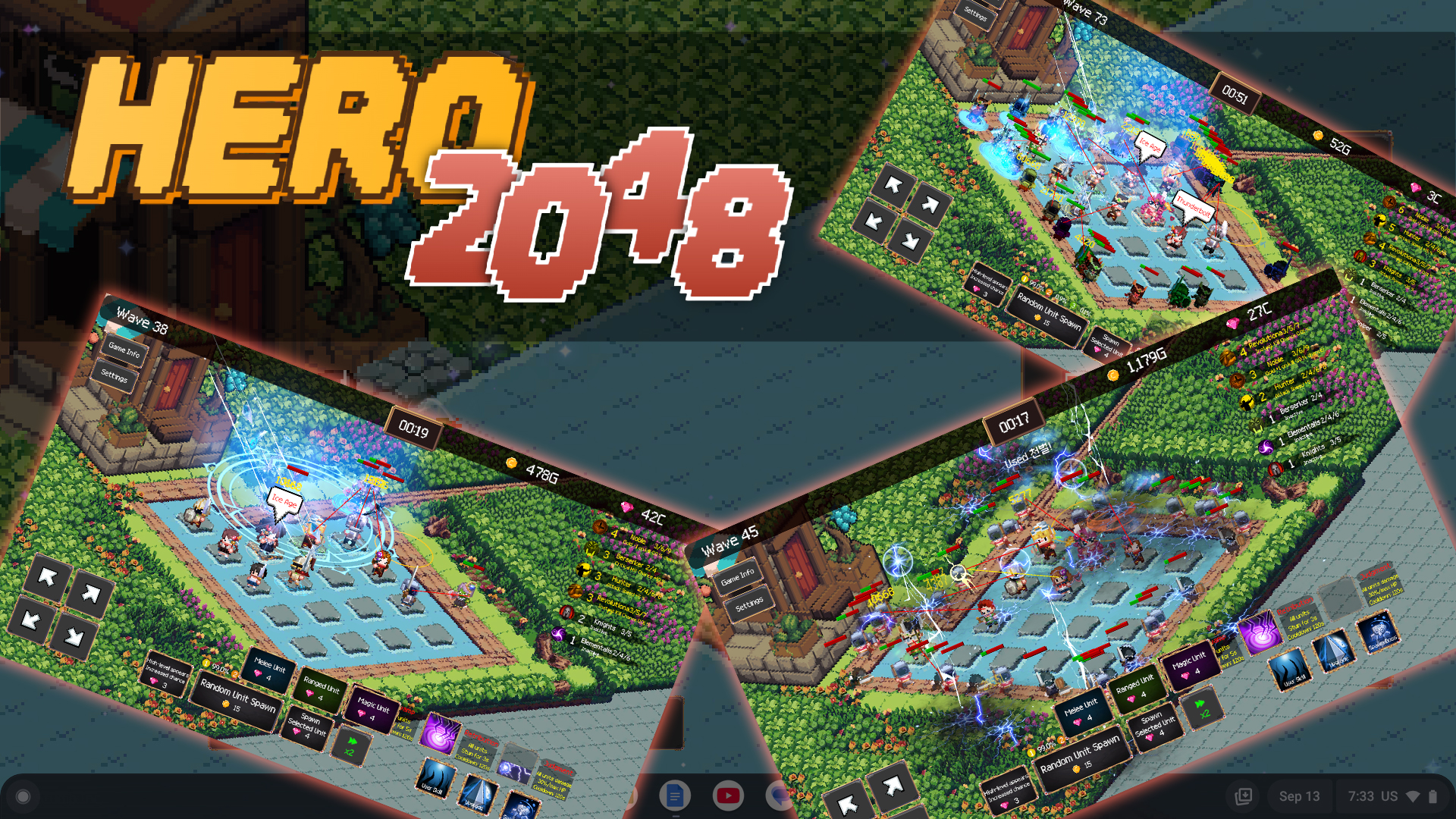 Hero 2048 start screen with screen caps from the game overlaid