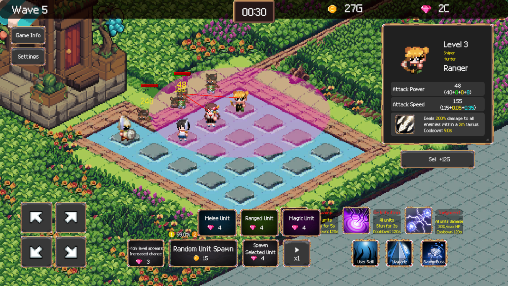 Hero 2048 highlighting the Level 3 ranged attack unit with sunglasses