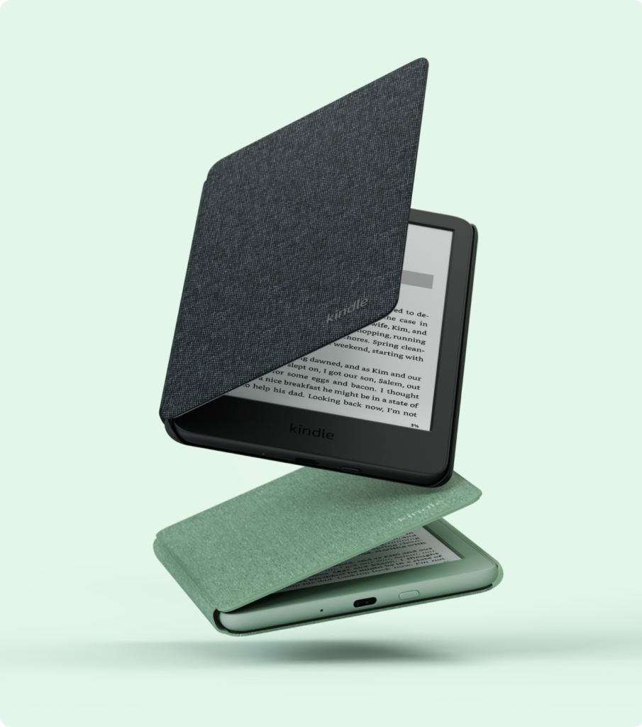Black and matcha Kindle 2024 base models on a pale green background