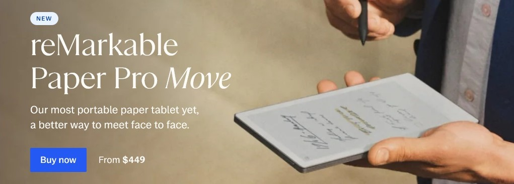 reMarkable Paper Pro Move screenshot showing tablet in hand with pen and text on the screen with buy button