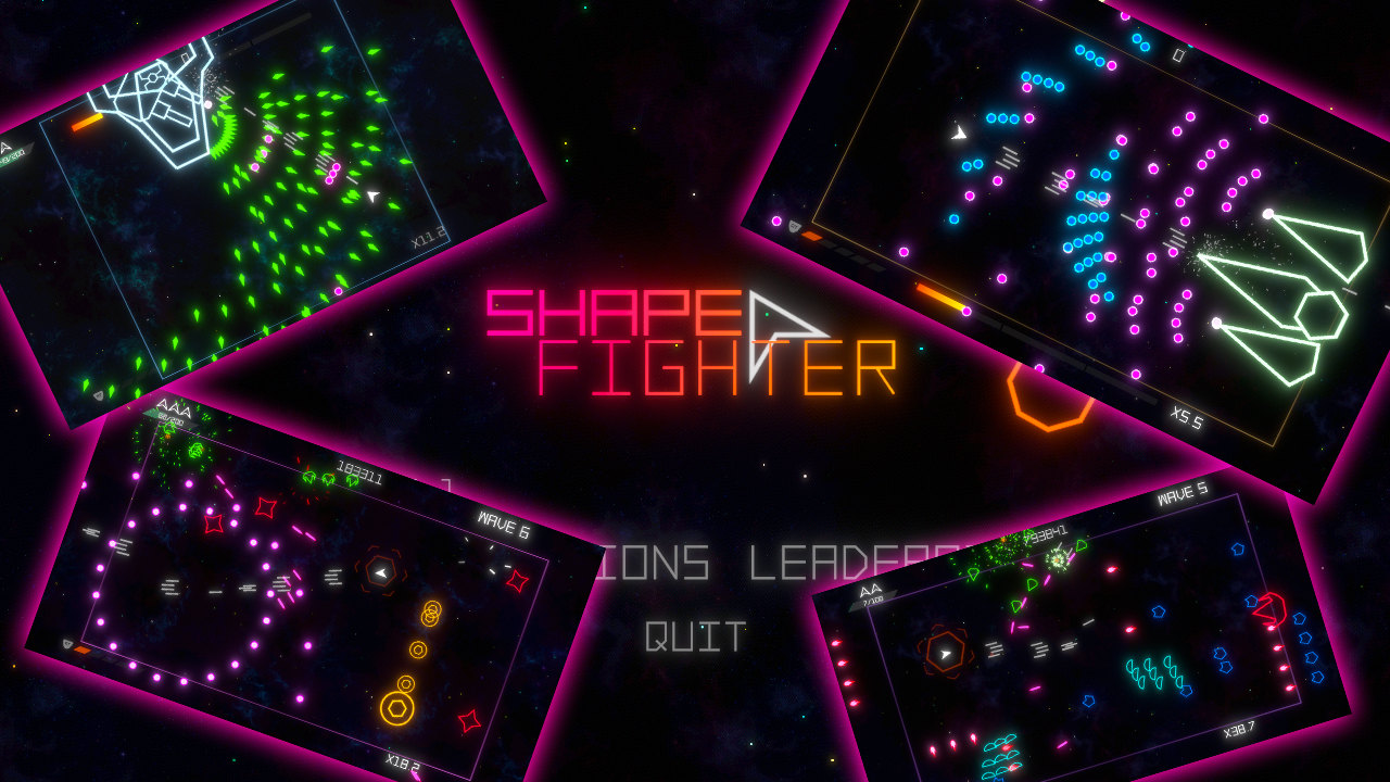 Shapefighter title screen overlaid with screenshots of gameplay