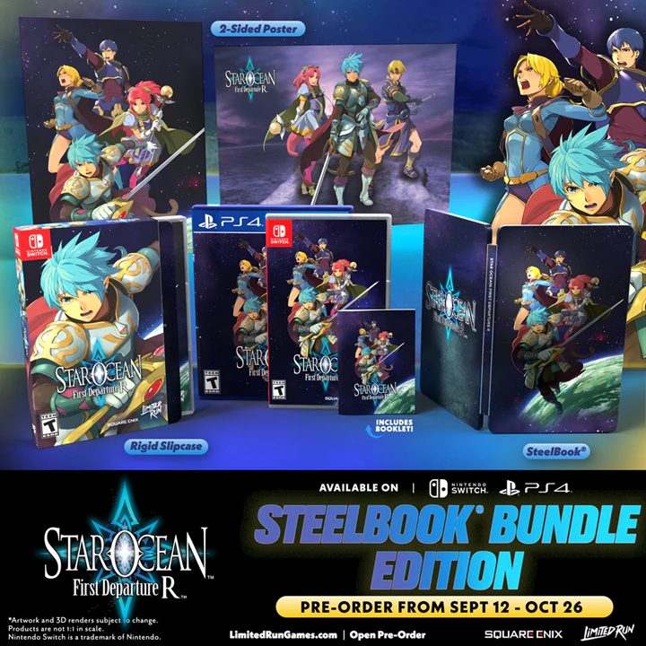 Star Ocean: First Departure R SteelBook bundle items pictures alongside character art