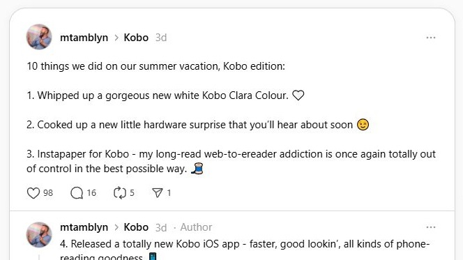 screenshot of kobo ceo on threads mentioning little hardware is coming son