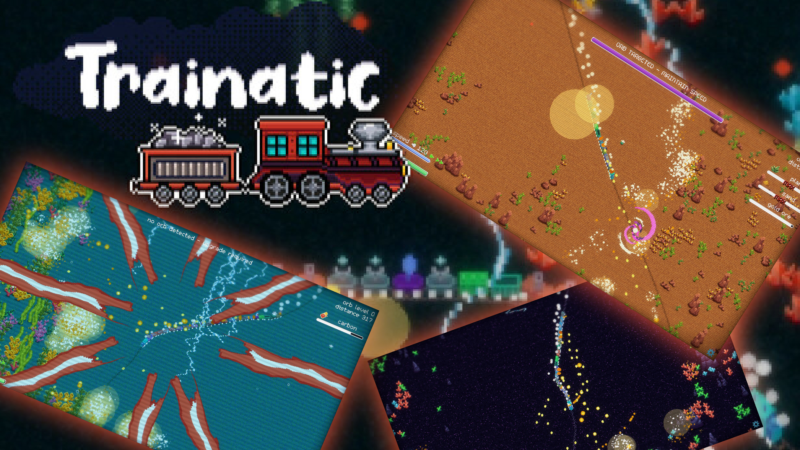 Trainatic gameplay overlaid with Trainatic logo and gameplay shots