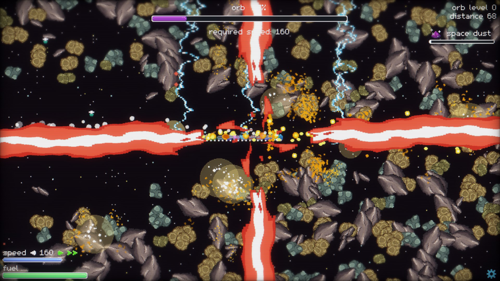 Trainatic space level showing space rocks, lasers, lightning, and bullets