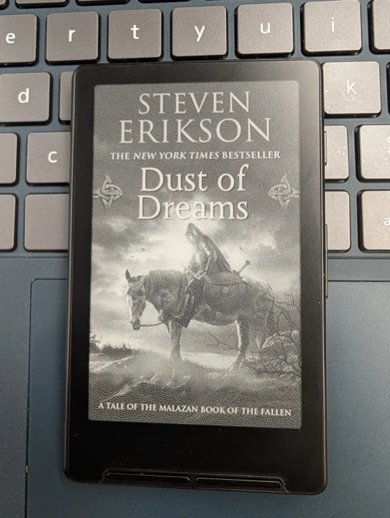 BMP render of Dust of Dreams cover on Xteink X4