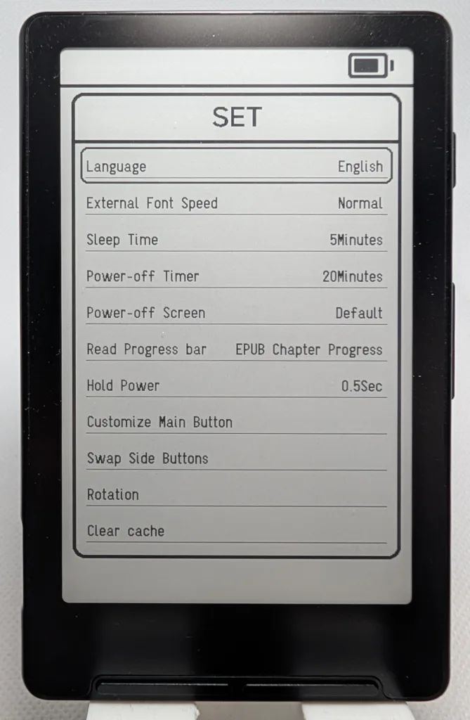 Xteink X4 Settings menu