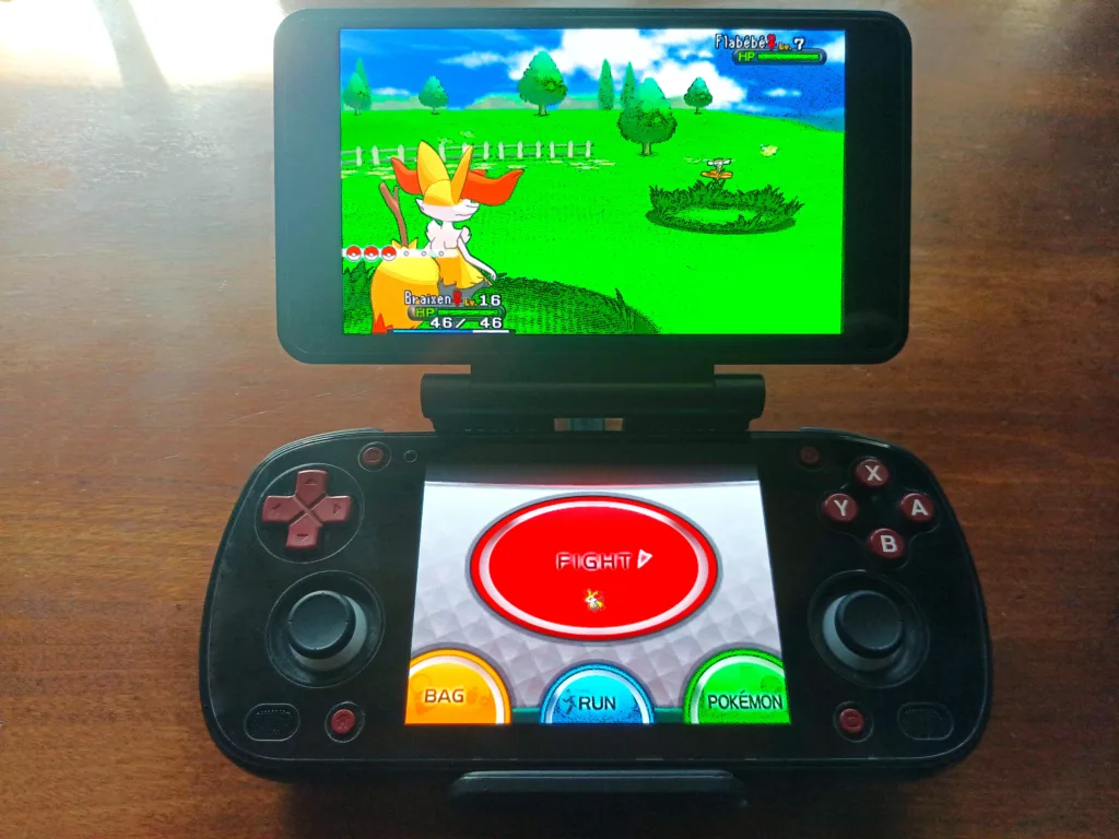 A picture of a Braixen fighting Flabebe in Pokemon X using the Azahar emulator.