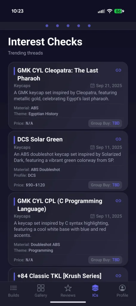 Keebuilder app screenshot showing available ICs