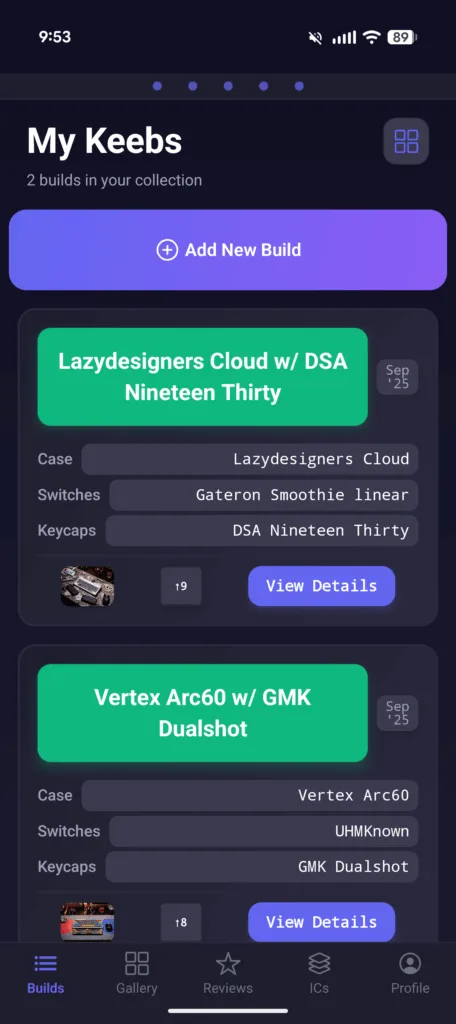 Keebuilder app screenshot showing homescreen