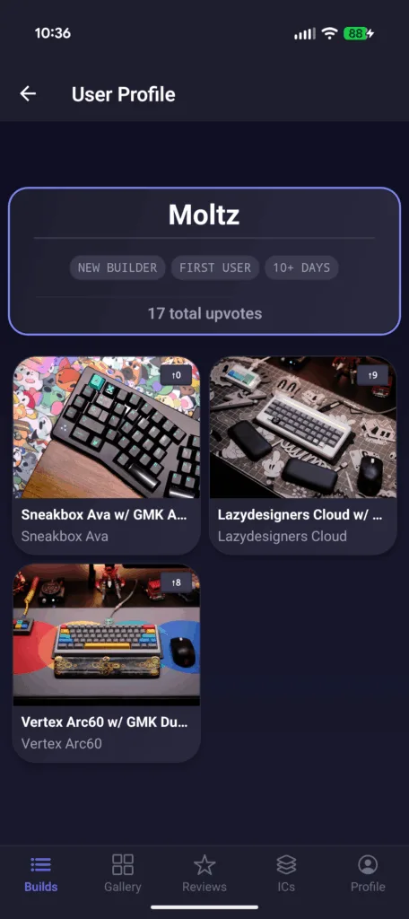 Keebuilder app screenshot showing grid layout