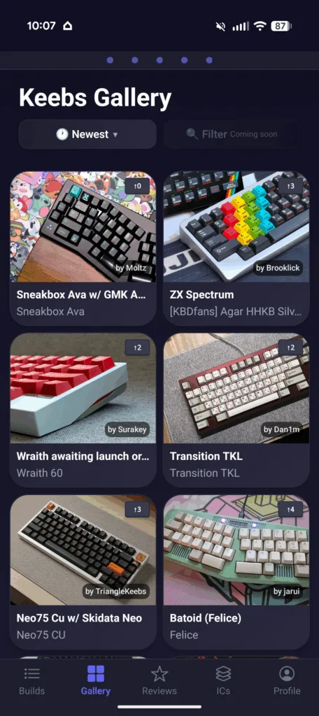 Keebuilder app screenshot showing gallery