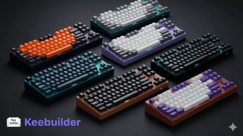 Group of keyboards generated with Gemini with Keebuilder logo in the corner