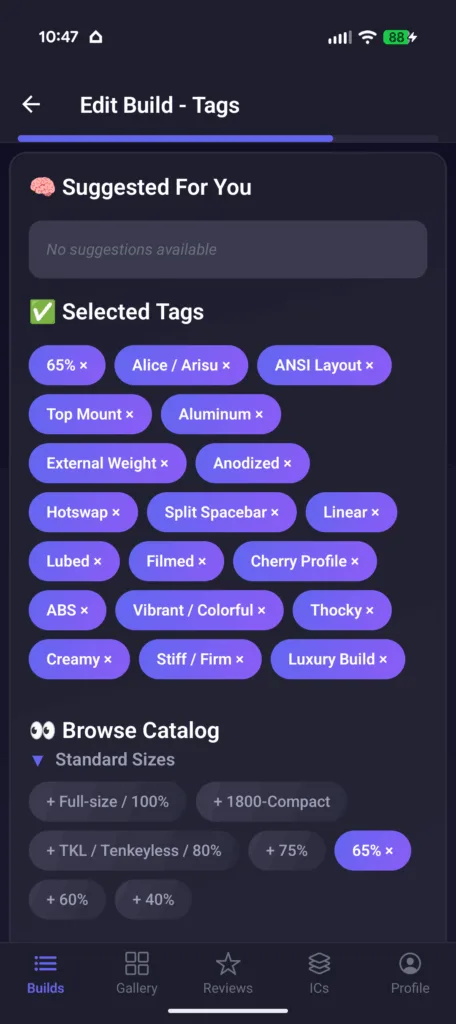 Keebuilder app screenshot showing new build tags