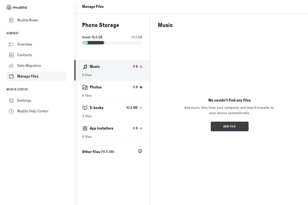 Mudita Center showing file storage for Kompakt