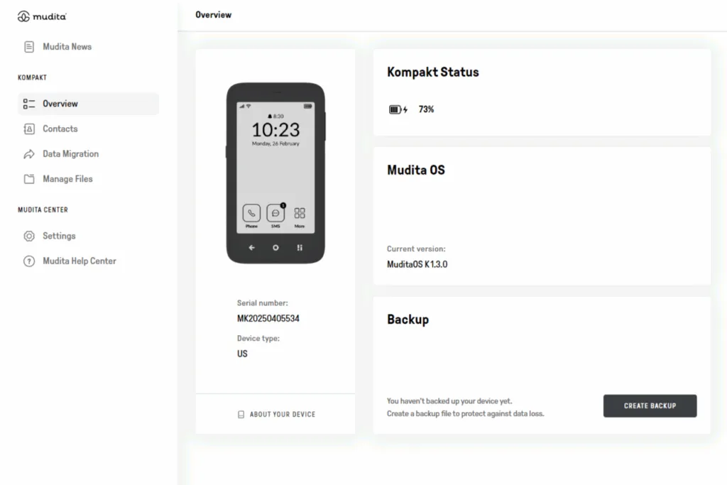 Mudita Center showing homescreen for Kompakt