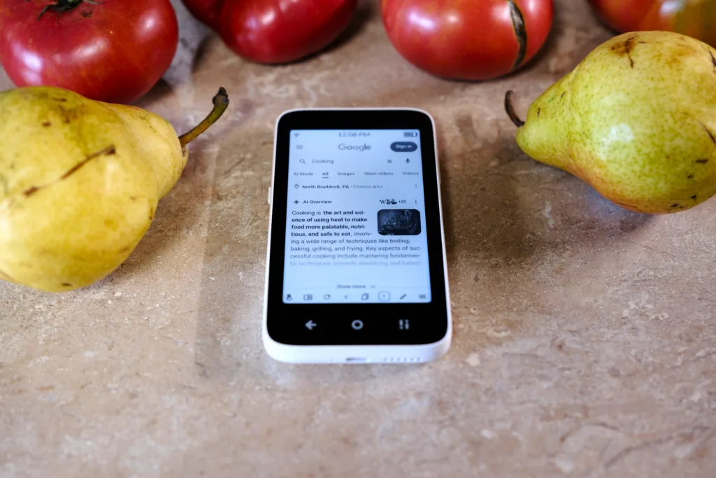 Mudita Kompakt laying next to fruits and vegetables