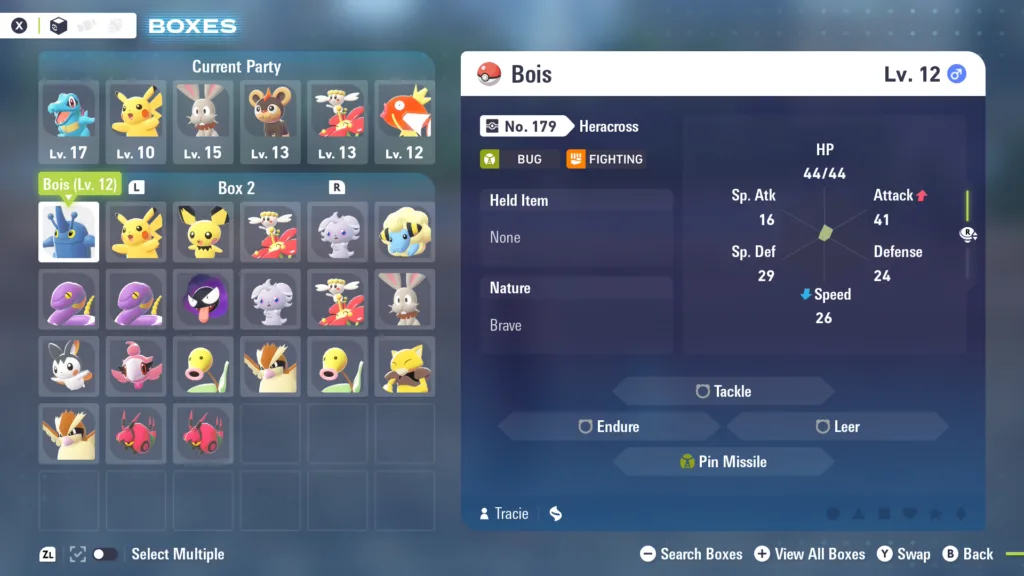 Pokémon Legends: Z-A screenshot show9ing pokemon collected