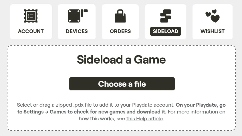 Screenshot of Playdate sideload settings on website