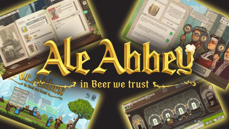 Ale Abbey logotype over screenshots from the game