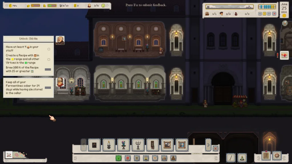 Ale Abbey interface with menus and notifications crowding the screen