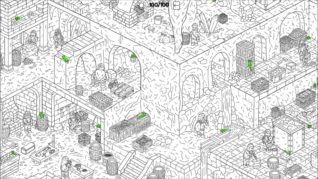 Screen grab of Find Meow in Dwarf Mine with multiple cats highlighted in green
