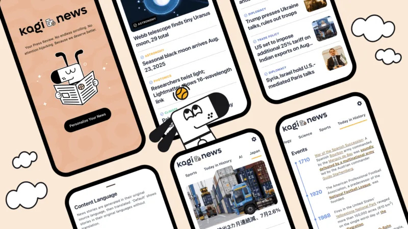 kagi news promotional art showing dog character on top of phones