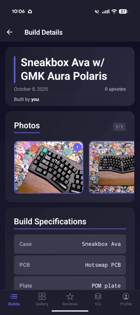 Keebuilder app screenshot showing complete build
