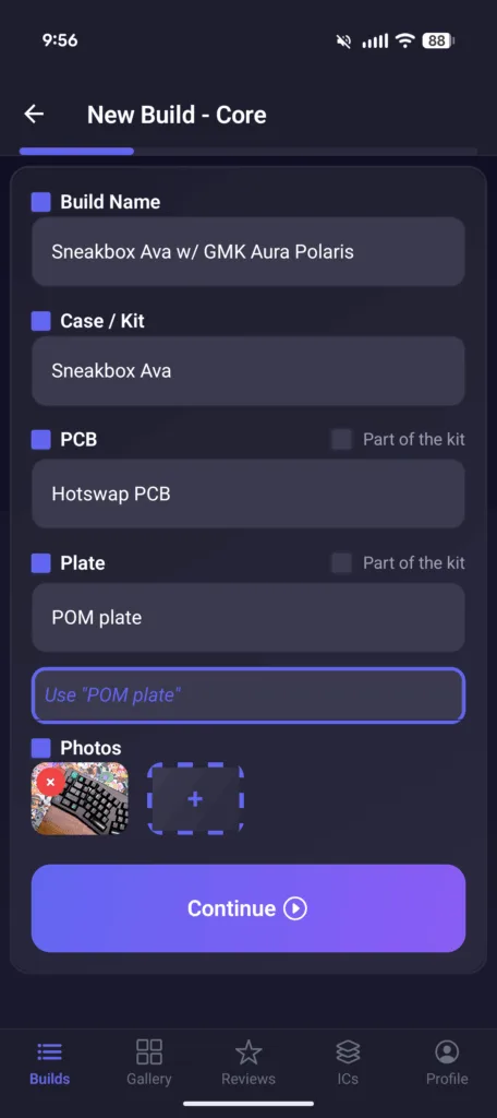 Keebuilder app screenshot showing new build screen