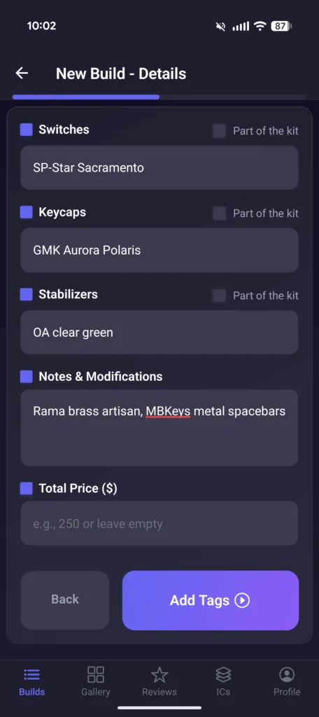 Keebuilder app screenshot showing new build details