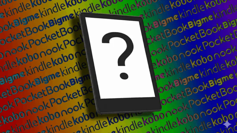 obfuscated Kindle e-reader over a multi-color background of e-reader wordmarks