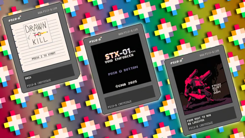three Pico-8 carts over a background of Pico-8 logos