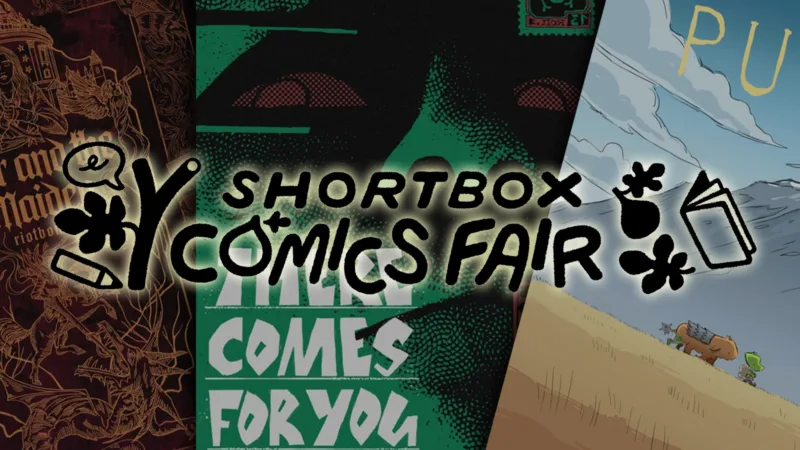 ShortBox Comics Fair word mark over the covers for three comics