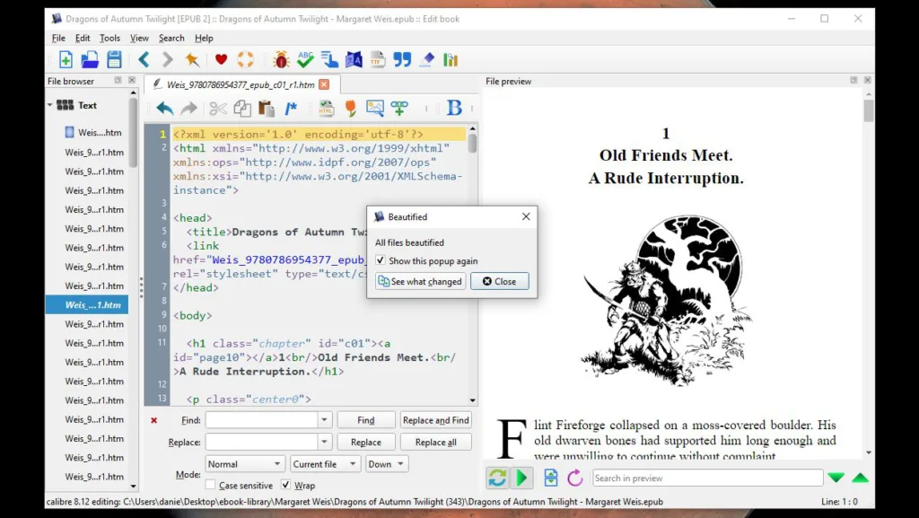 Calibre EPUB editor Beautify completed modal window
