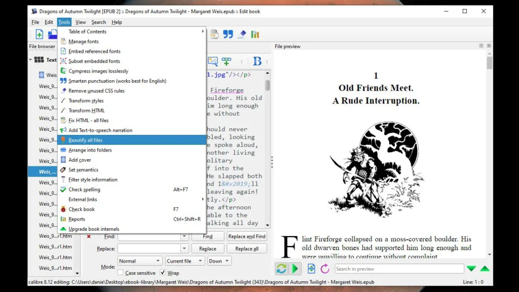 Calibre EPUB editor with Beautify all files highlighted
