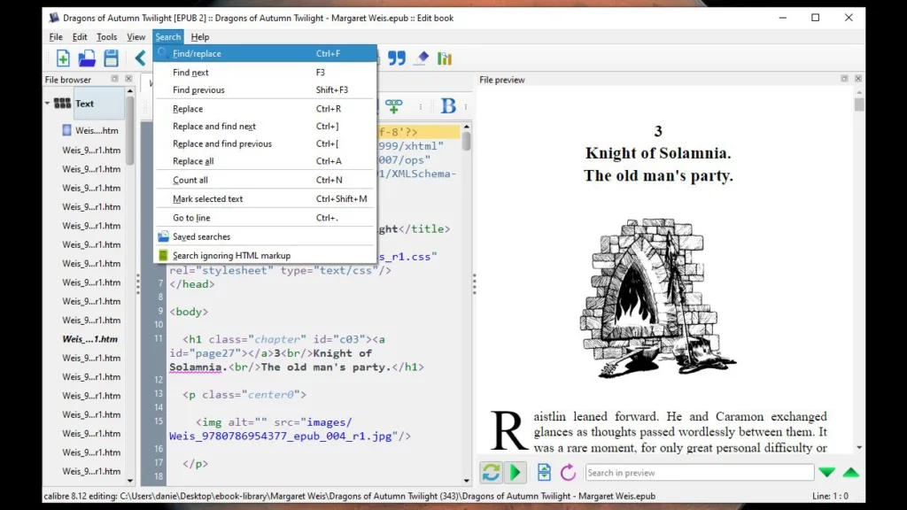 Calibre EPUB editor showing the Find/replace option in the Search menu dropdown