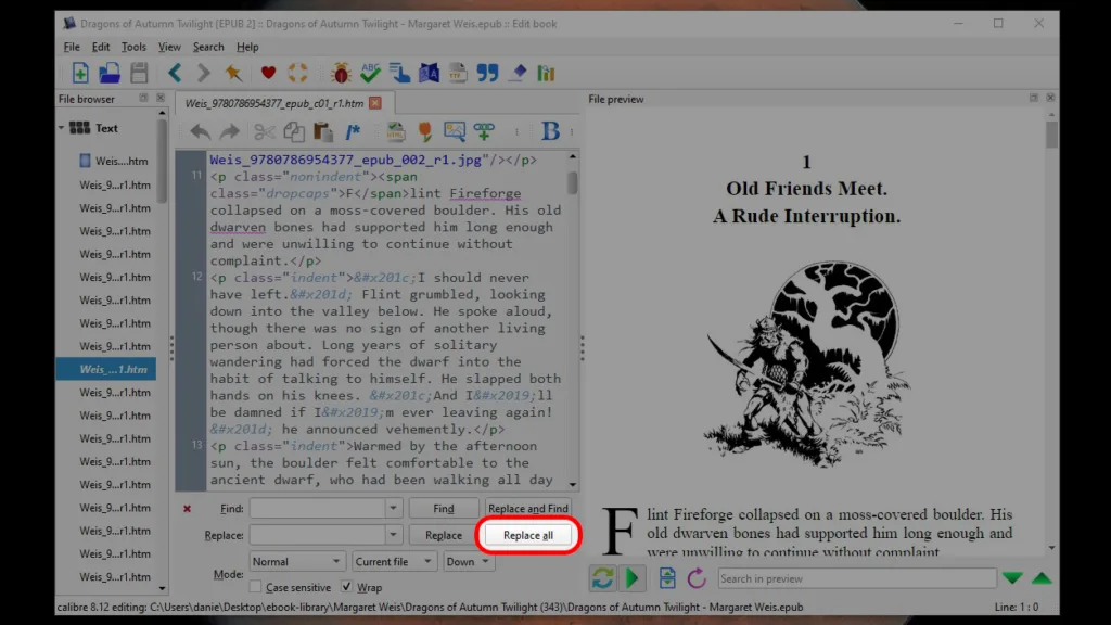 Calibre EPUB find/replace Replace all button