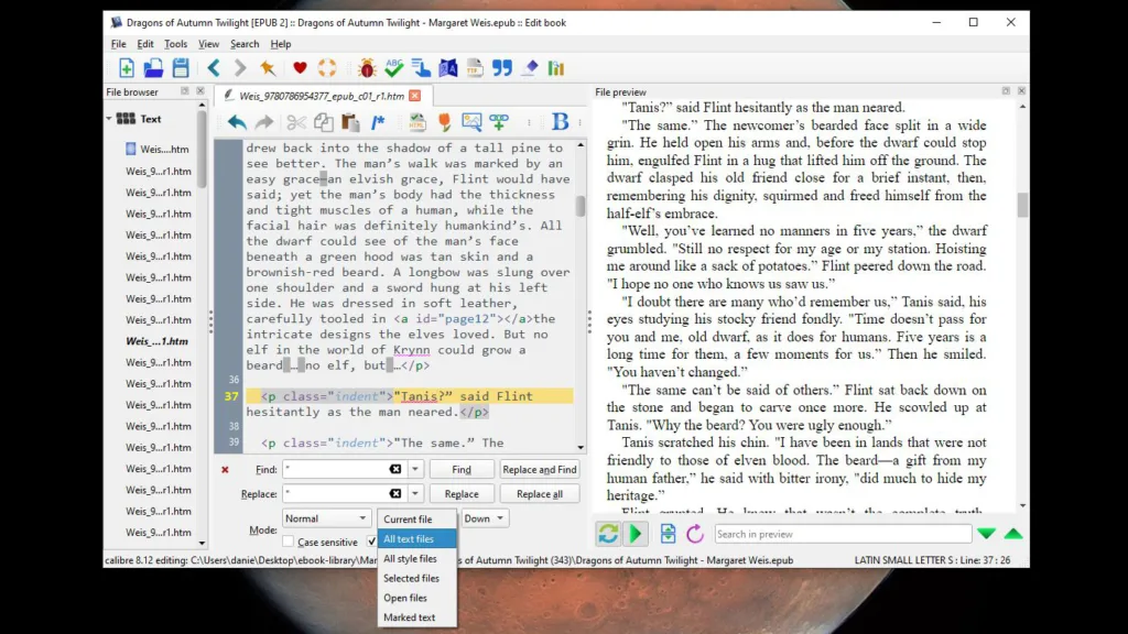 Calibre EPUB editor showing the option to find/replace in all text files